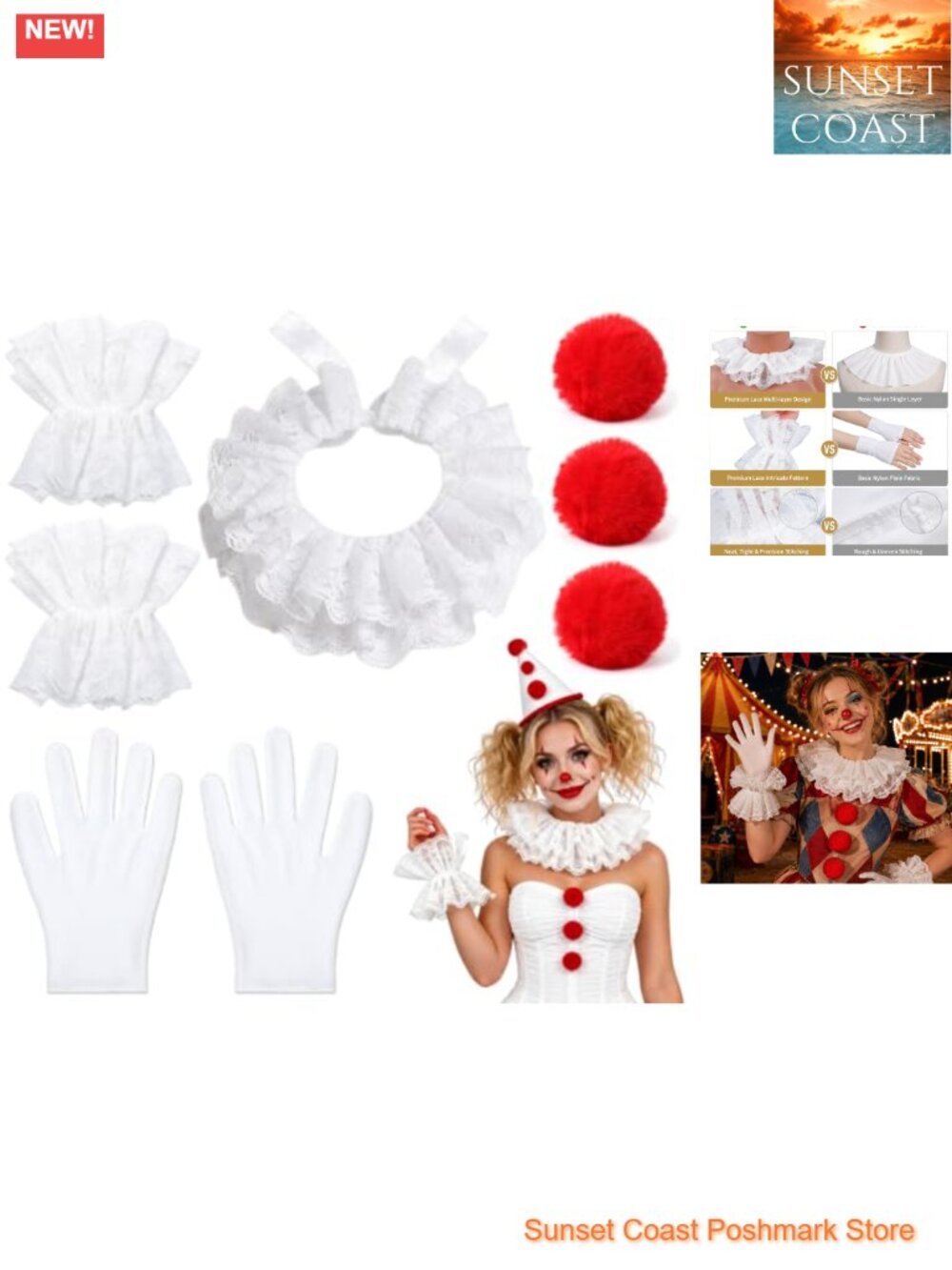 Clown Neck Ruffle Collar Cuffs Set Lace Gloves Pom Poms Costume Accessories